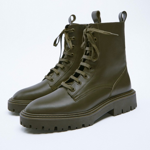 Zara green LEATHER LACE-UP FLAT
ANKLE BOOTS - Picture 3 of 12